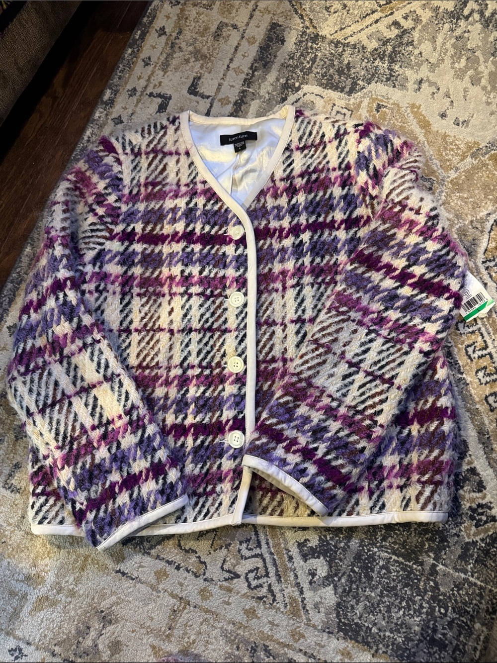 Karen Kane Purple & White Plaid Button Cardigan Jacket